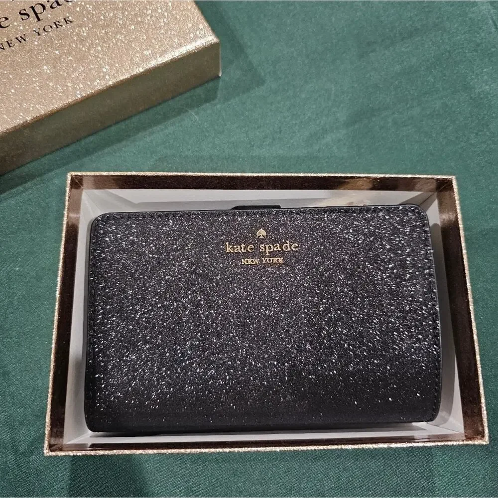NIB Kate Spade Medium Boxed Glitter Compact Bifold Wallet in Black